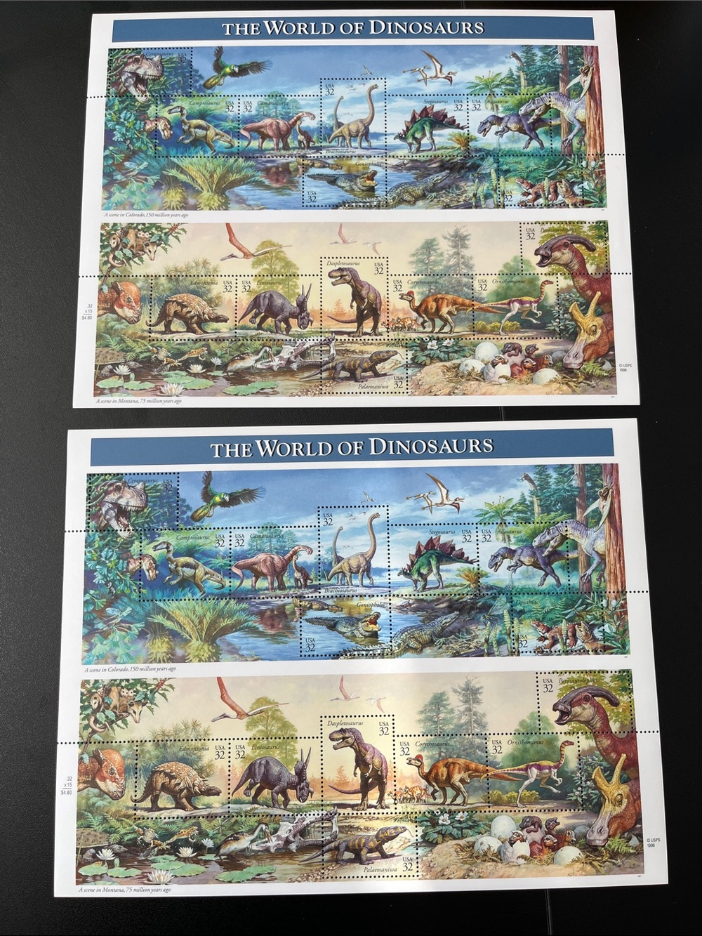 The World of Dinosaurs, Two (2) Sheets of 32c stamps, NEW.